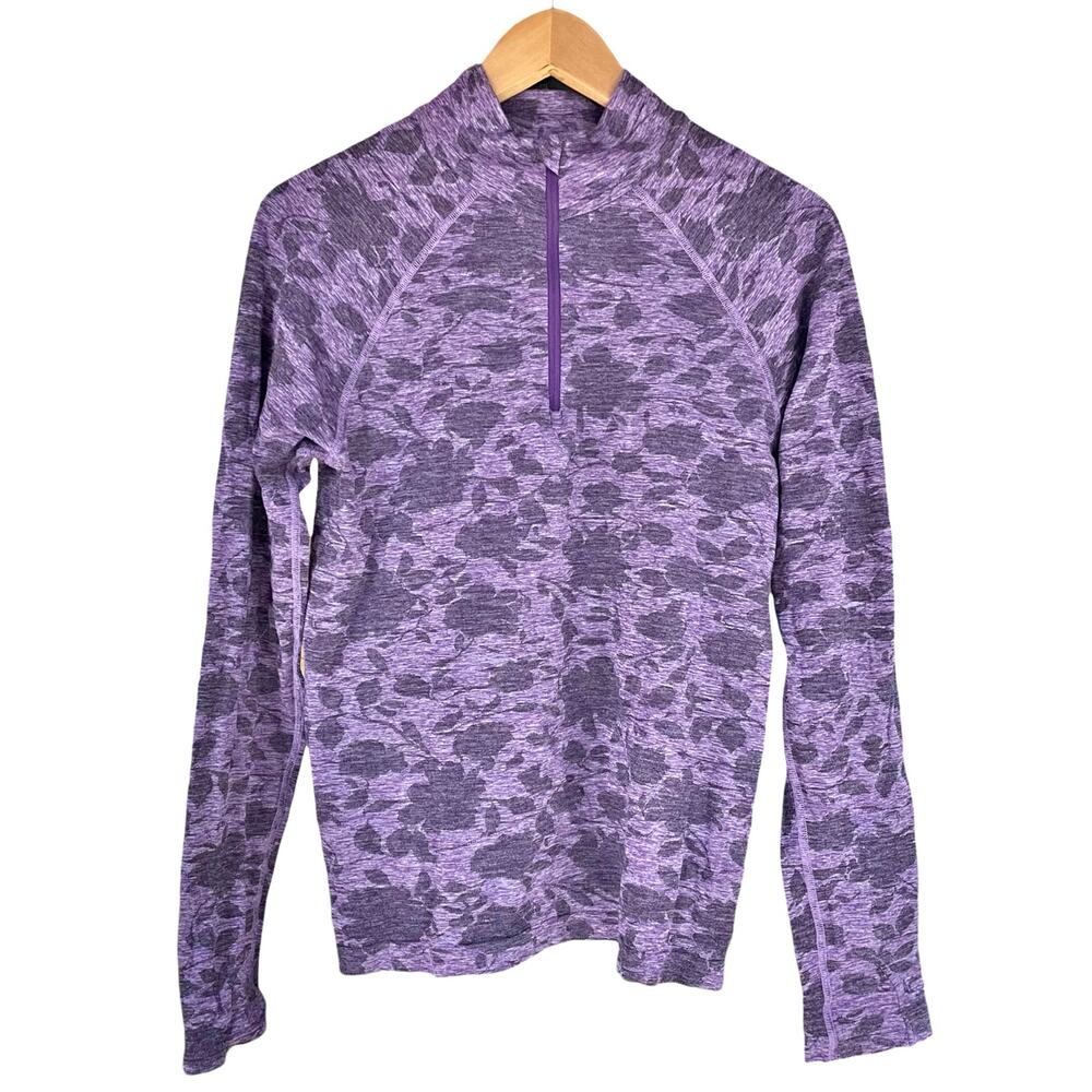 ATHLETA Momentum Seamless Purple Floral 1/2-Zip Long-Sleeve Pullover Top Size M